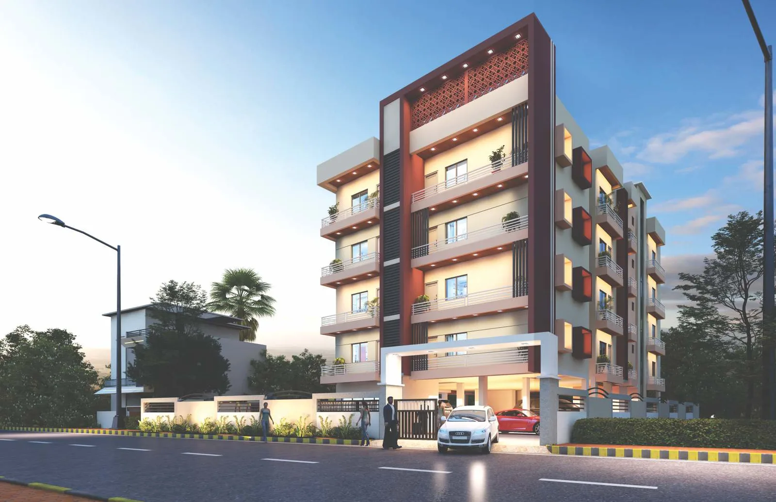 Parvati Enclave apartment building in Danapur, Patna at dusk